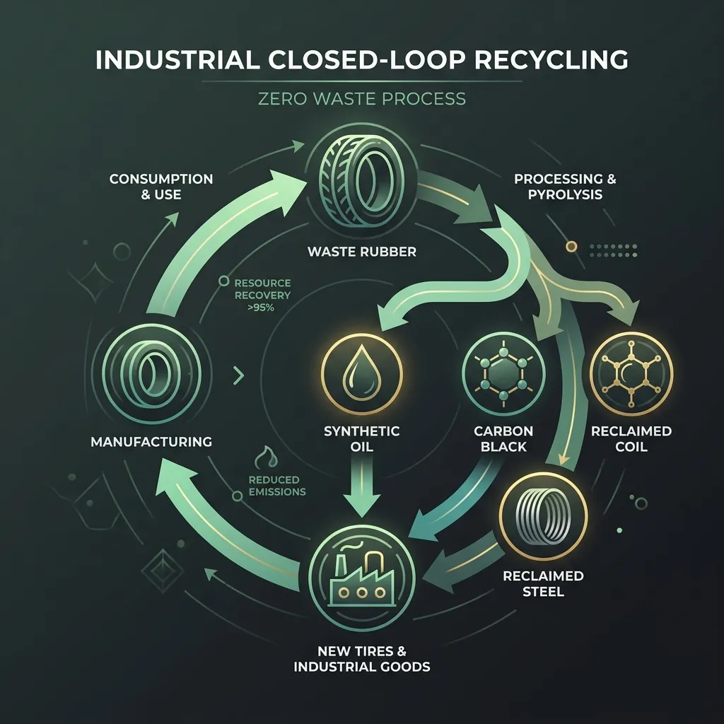 Continuous tyre pyrolysis zero-waste-to-landfill system flowchart