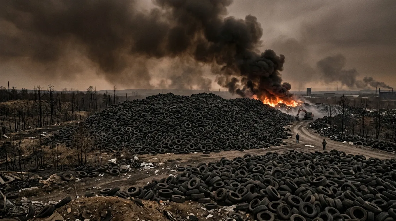 Massive mountain of waste tyres polluting the environment — the crisis Pyrotics is solving